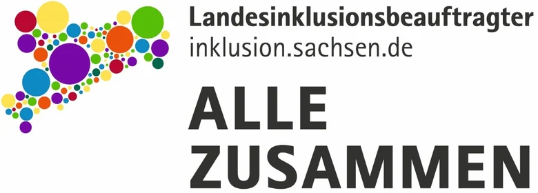 Logo Landesinklusionsbeauftragter mit dem Zusatz »Alle zusammen« und der Website inklusion.sachsen.de