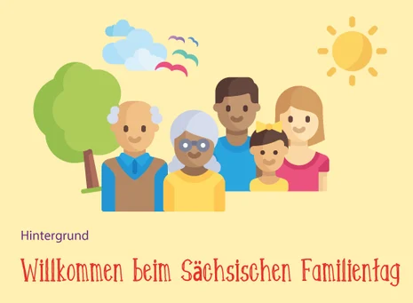 Bunte, stilisierte Illustration einer Familie mit fünf Personen. Im Hintergrund sind einfache Zeichnungen von Bäumen, Wolken, Vögeln und einer Sonne zu sehen. Unten steht in roter, verspielter Schrift: „Willkommen beim Sächsischen Familientag