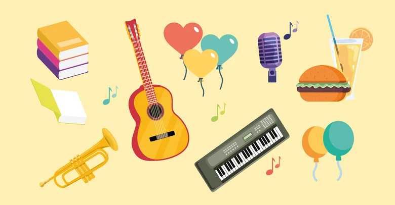 Bunte, stilisierte Ikons mit Musikinstrumenten, Essen, Luftballons.
