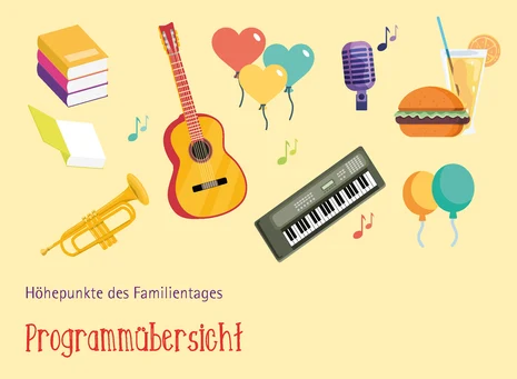 Bunte, stilisierte Ikons mit Musikinstrumenten, Essen, Luftballons. Darunter steht in verspielter Schrift "Höhepunkte des Familientages. Programmübersicht"
